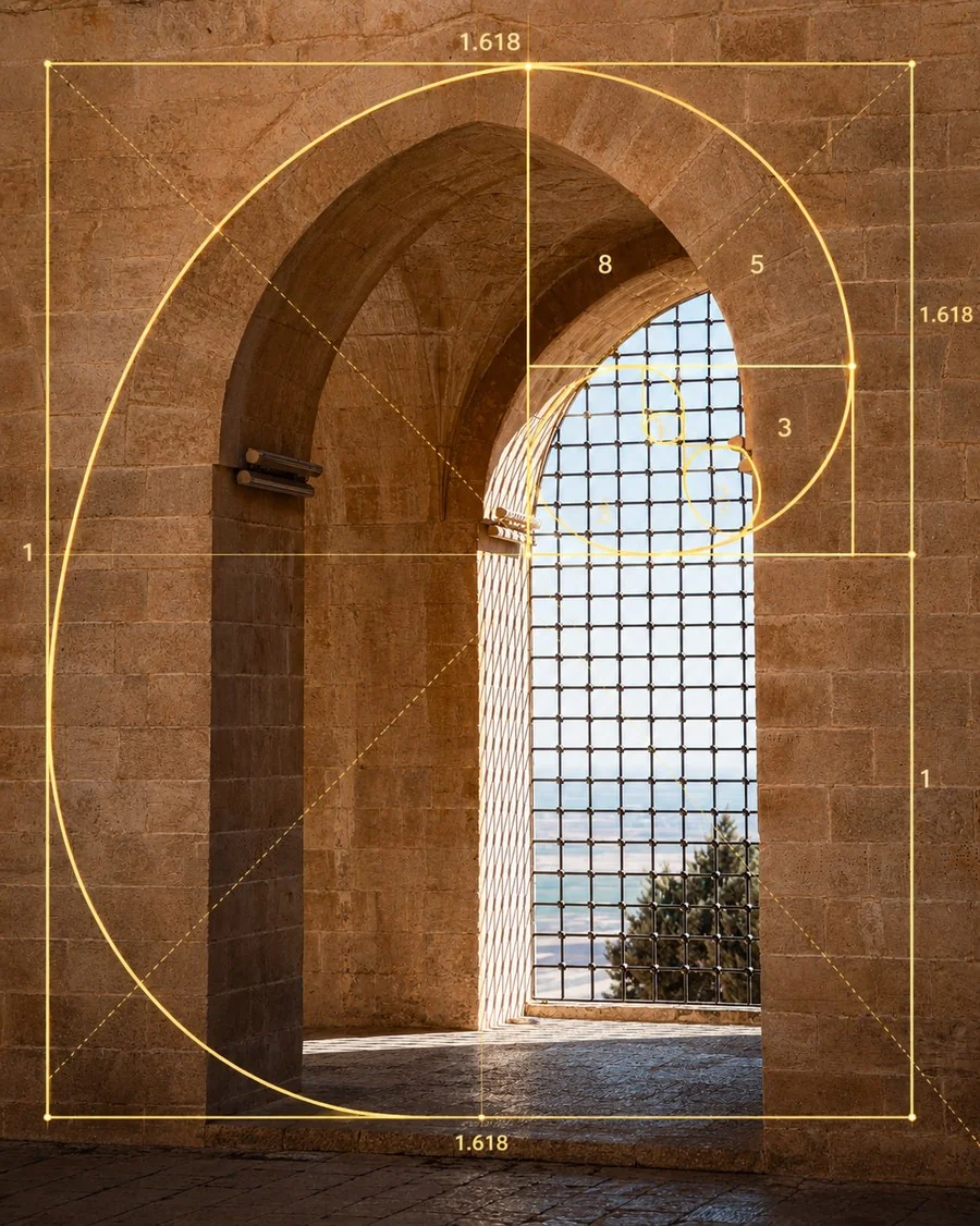 The golden ratio, 1.618, drawn as a spiral and rectangle over an arched stone window