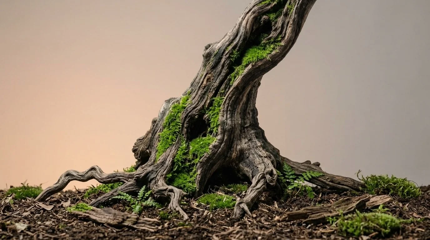 Weathered roots spreading into mossy ground