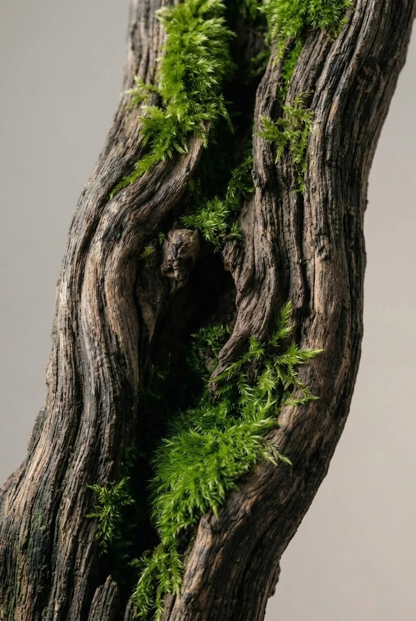 Weathered wood carrying fresh moss growth